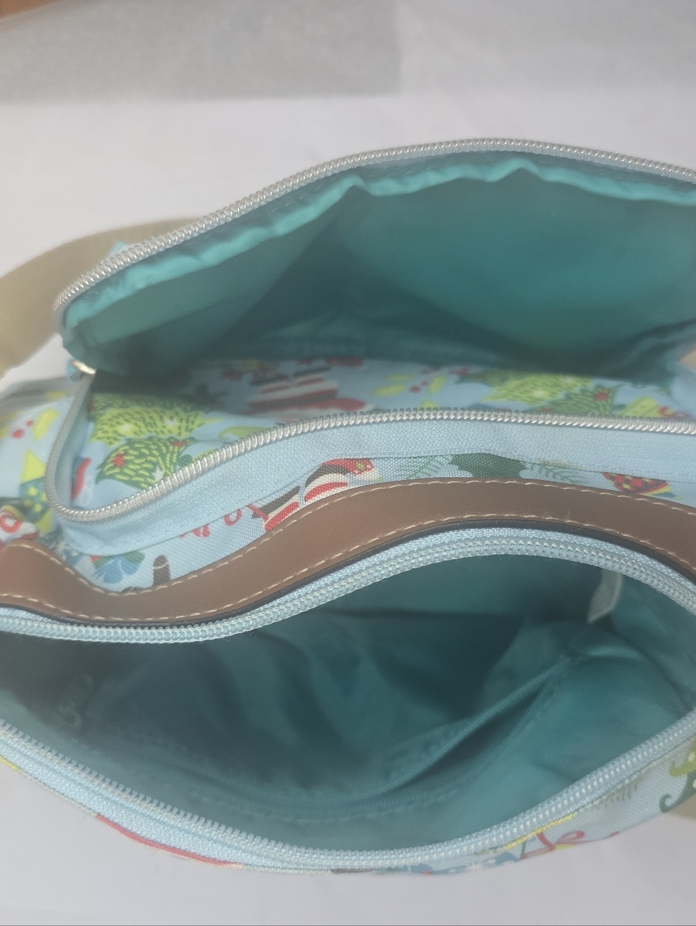 Lily Bloom Christmas Crossbody Bag Holiday Print Multi Pocket Blue Vegan Leather - Picture 4 of 7